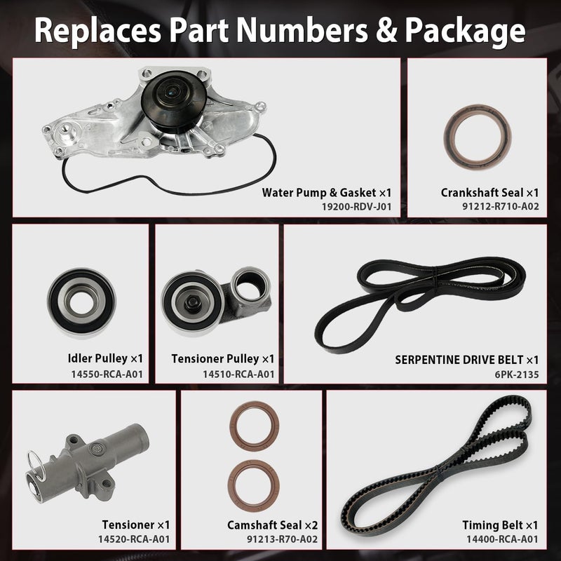 CYTROBE TKH002 Timing Belt Kit with Water Pump Compatible with 03-18 Honda Accord Crosstour Pilot Odyssey Ridgeline, Acura MDX RDX RL TL TSX ZDX, Saturn Vue 3.0L 3.2L 3.5L 3.7L Replaces TCKWP329 19200-RDV-J01 - Image 3